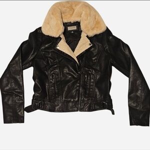 Macy's Black Leather Jacket with Cream Collar